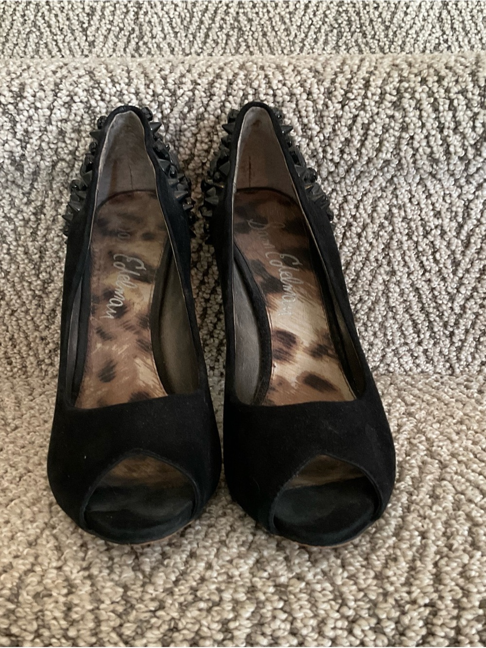 Sam Edelman Black Suede Peep-Toe Pumps with Studded Heel - Picture 2 of 5